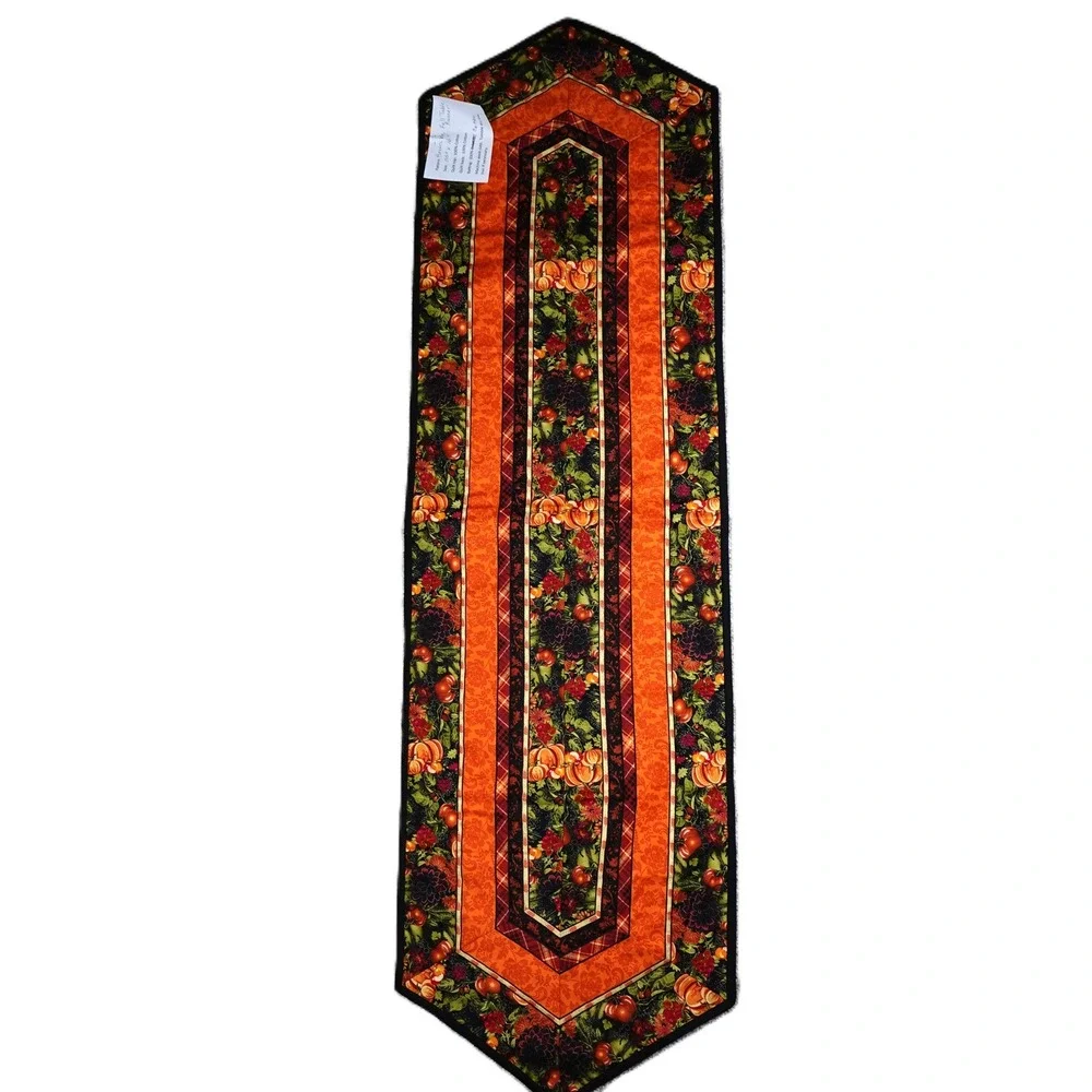 Handmade Reversible Fall Table Runner Quilted Pumpkin Floral 55x16 Orange Black